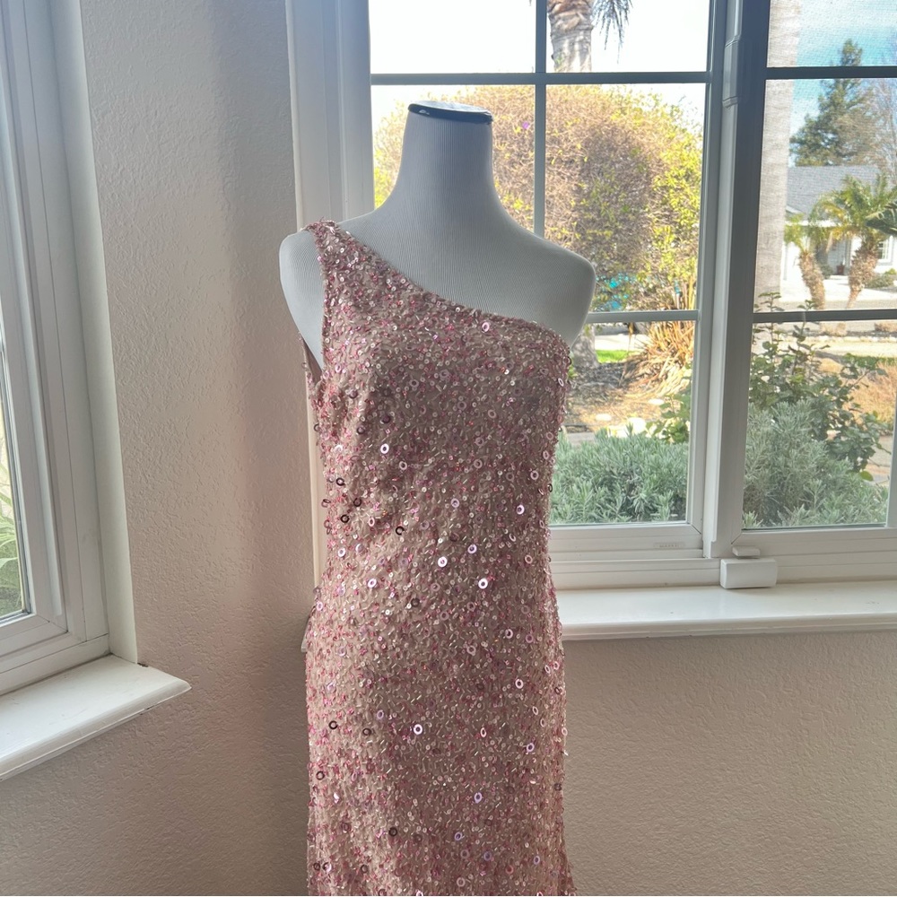 Adrianna Papell One Shoulder Floor Length Pink Sequin Beaded Gown